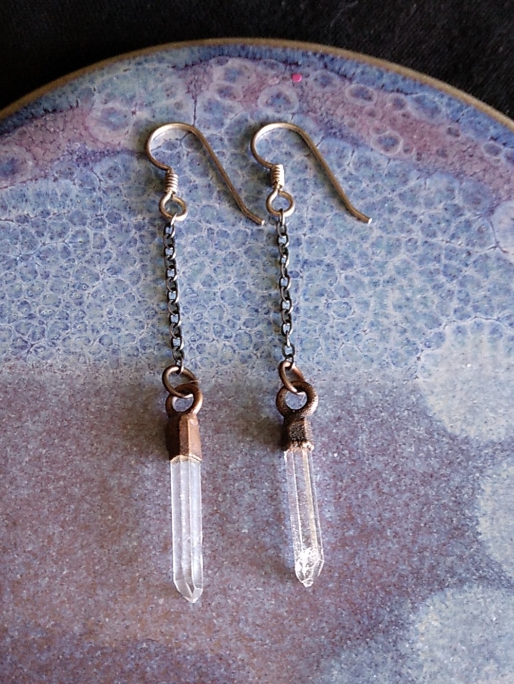 Handmade Copper and Quartz Crystal Points Chain Dangle Earrings